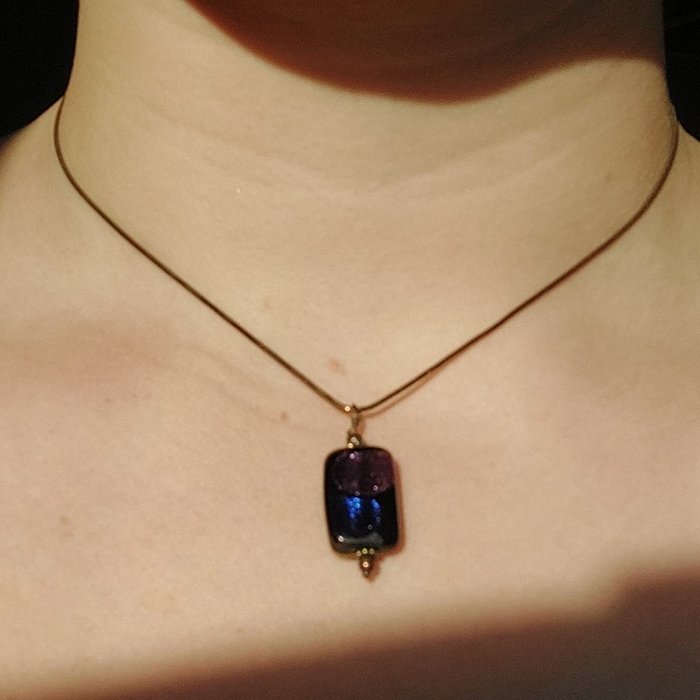 Multitone and black glass rectangular pendant on silver chain